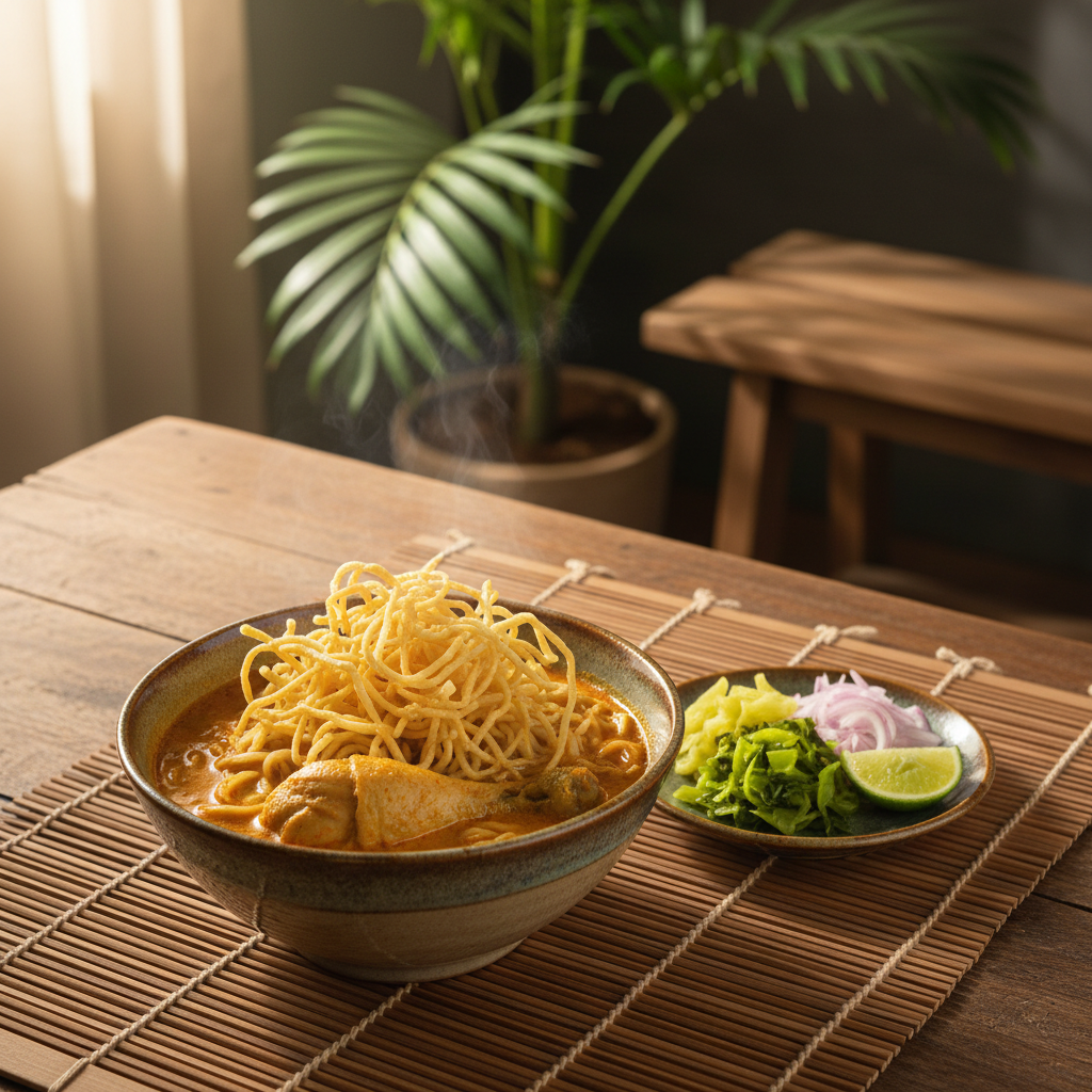 A traditional Northern Lanna khao soi curry noodle bowl in a handmade ceramic bowl with a slightly uneven, artisan rim, filled with golden coconut curry, soft egg noodles submerged below and crisp egg noodles piled on top. Pickled mustard greens, shallots, and a lime wedge sit on a small side plate. The scene is set on a woven bamboo mat in a Chiang Rai home dining nook, with a simple wooden bench and potted tropical plant softly out of focus. Gentle morning light from a nearby window casts a warm, cozy glow. Photographic realism, captured from a three-quarter overhead angle, creating an inviting, homely, and slightly playful atmosphere.