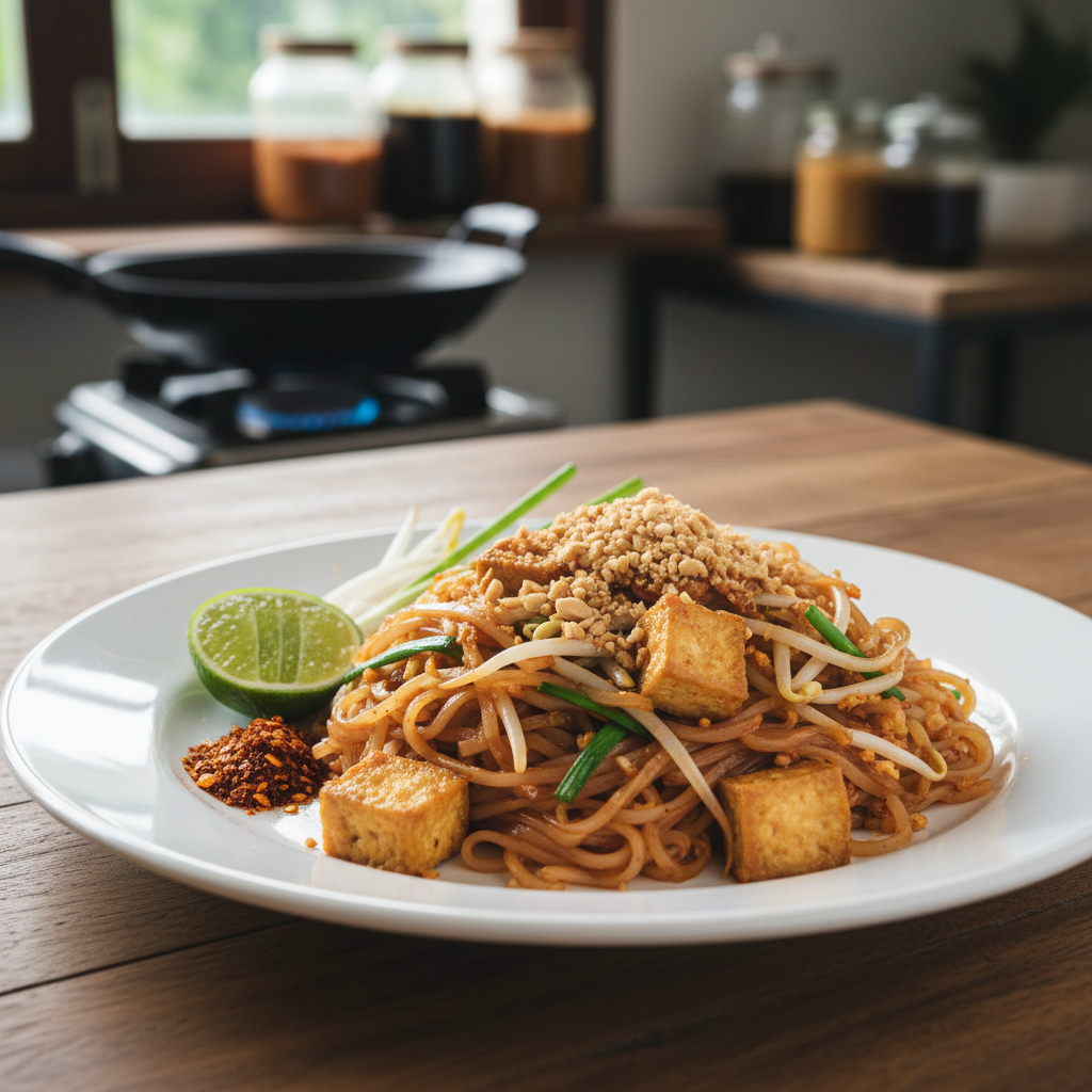 A freshly cooked plate of classic Pad Thai on a simple white ceramic dish set on a rustic teak table, noodles glossy with tamarind sauce and tangled with tofu cubes, bean sprouts, chive segments, and crushed peanuts. A lime wedge and a tiny pile of chili flakes rest neatly at the side. In the softly blurred background, a home-style Thai kitchen counter holds a wok on the stove and jars of sauces. Natural window light from the left creates appetizing highlights on the noodles and subtle shadows. Photographic realism, vibrant and colorful, eye-level composition that feels casual and playful, like a relaxed home cooking class moment.
