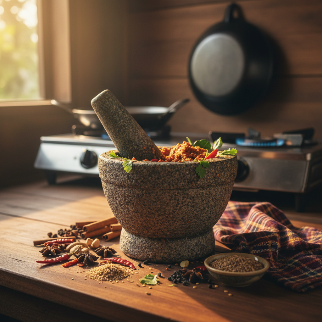 A warmly lit Chiang Rai home kitchen corner featuring a well-used granite mortar and pestle mid-action, chili seeds and coriander scattered around its rim, with a rich red curry paste visible inside. Surrounding it on the wooden counter are whole spices, dried chilies, and a folded checked cotton kitchen towel in traditional Lanna colors. In the background, a simple gas burner and hanging wok are softly blurred. Golden hour sunlight streams in from a side window, creating dramatic highlights on the stone texture and casting long, cozy shadows. Photographic realism, shot close-up at a low angle, with a playful, energetic mood that suggests the lively flavors of Lanna home cooking.