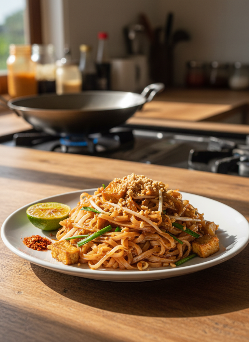 A freshly cooked plate of classic Pad Thai on a simple white ceramic dish set on a rustic teak table, noodles glossy with tamarind sauce and tangled with tofu cubes, bean sprouts, chive segments, and crushed peanuts. A lime wedge and a tiny pile of chili flakes rest neatly at the side. In the softly blurred background, a home-style Thai kitchen counter holds a wok on the stove and jars of sauces. Natural window light from the left creates appetizing highlights on the noodles and subtle shadows. Photographic realism, vibrant and colorful, eye-level composition that feels casual and playful, like a relaxed home cooking class moment.